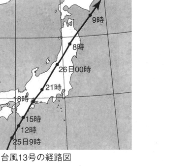 昭和28年の台風13号の日本列島への経路を示した図