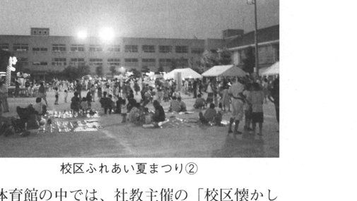 夏祭りの会場風景。多くのテントや人が集まっている。